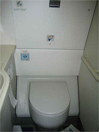 Servicio higiénico de un avión señalizado como accesible. No dispone de espacio suficiente para maniobrar en su interior, personas en silla de r