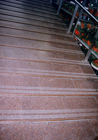 Rampas. Rampa escalonada no accesible para personas usuarias de silla de ruedas. Escalón alto. Faltan pasamanos.