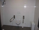 Servicios Higiénicos. WC Adaptado con barras de ayuda. Inodoro bajo. Pulsador mal situado. 